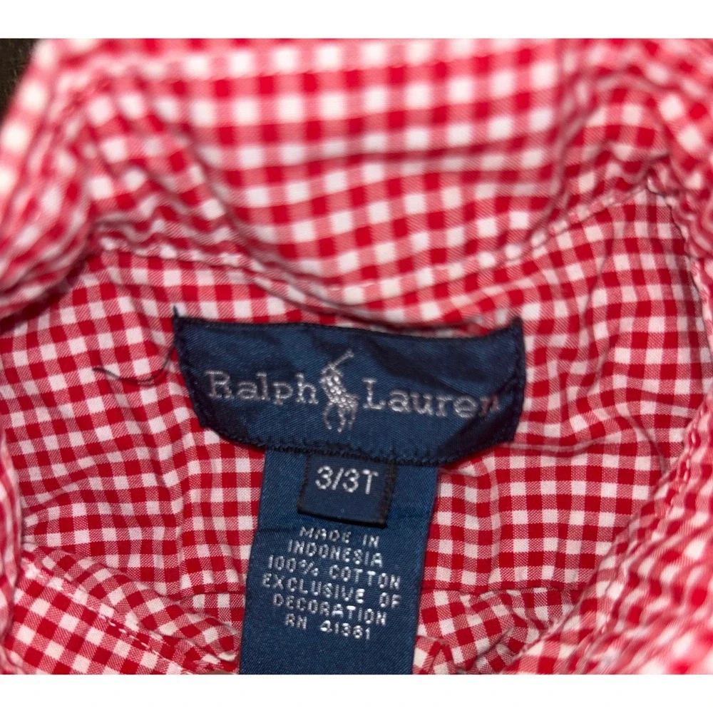 Ralph Lauren Boys Red White Gingham Short Sleeve Button Down Shirt 3T Cotton